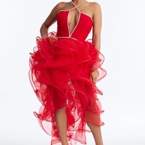 Rhinestone Ruffle Gown - Red
